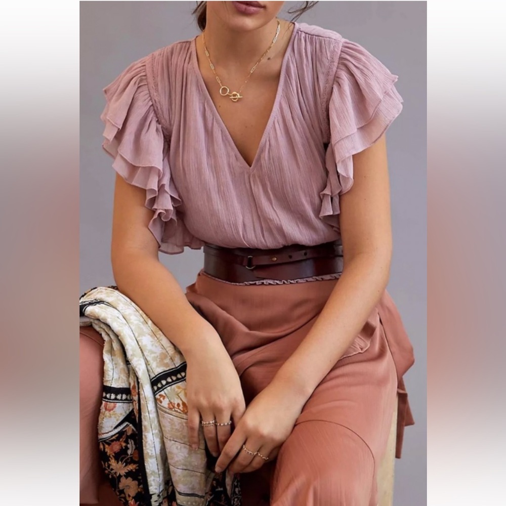 Anthropologie Purple Flutter Sleeve Blouse